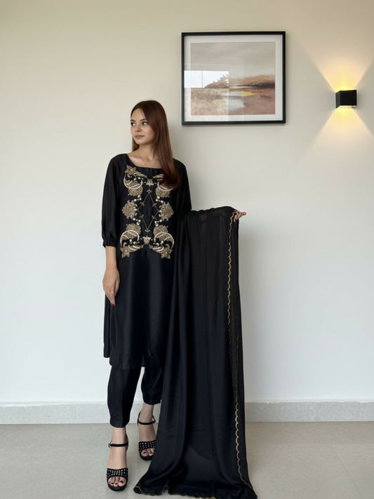 Black Zubia Motiwalla Raw Silk Embroidered Stitched 3-Piece Suit-ZM210