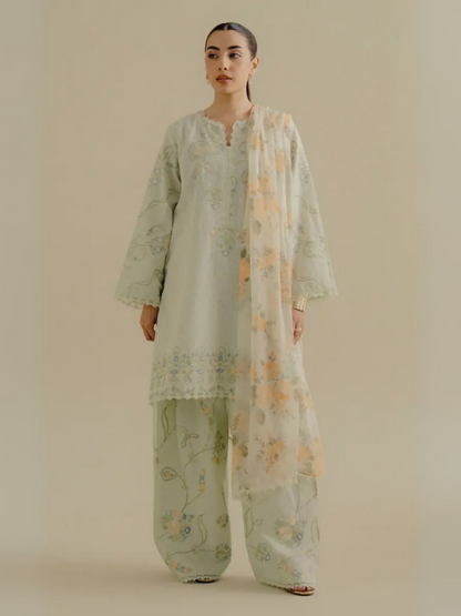 Unstitched 3-piece embroidered suit with embroidered jacquard shirt panels, embroidered cambric trouser, and digital printed chiffon dupatta