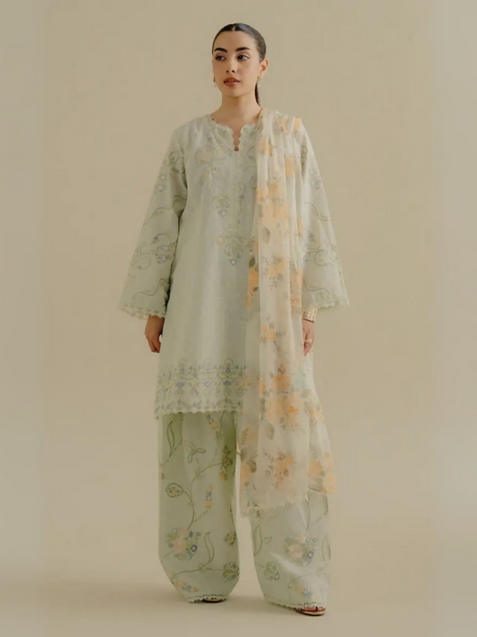 Unstitched 3-piece embroidered suit with embroidered jacquard shirt panels, embroidered cambric trouser, and digital printed chiffon dupatta