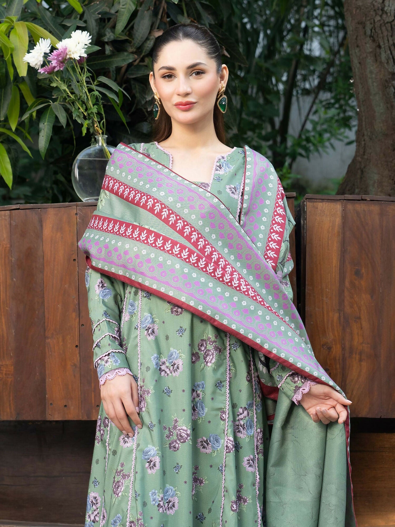 Panache Apparel Mah-e-Noor Khaddar Printed Stitched Suit-Pistachio Bloom