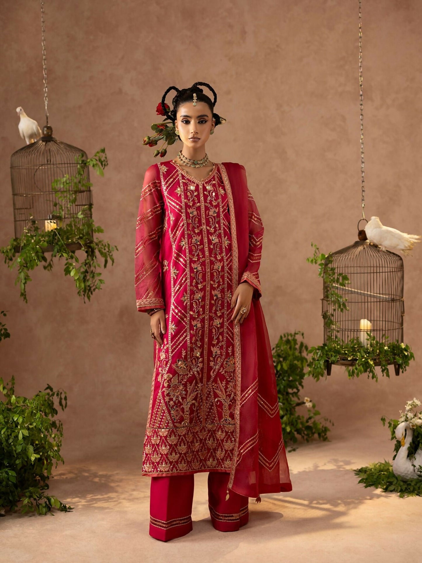 Shurooq Geet Organza Embroidered Stitched 3-Piece Suit-Shaan