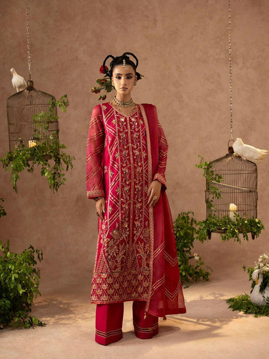 Shurooq Geet Organza Embroidered Stitched 3-Piece Suit-Shaan