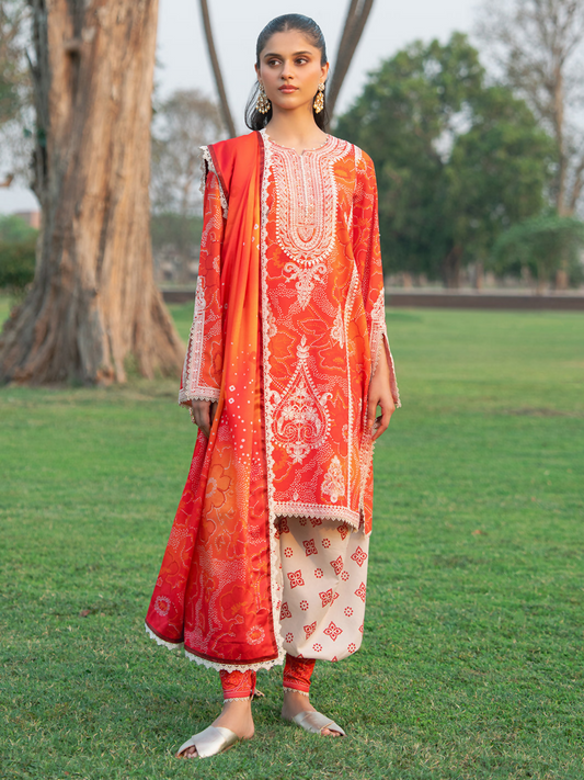 3-piece embroidered digital printed suit with panelled shirt, chiffon dupatta, and printed cotton trouser.