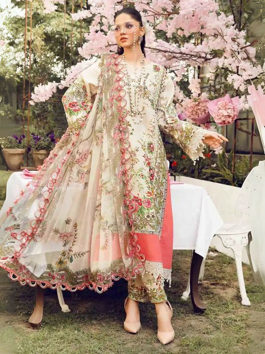 Unstitched 3-piece Maria.B lawn suit with embroidered organza patti and printed chiffon dupatta.