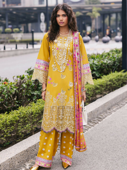 Unstitched 3-piece suit from Mahnur Broadway Luxury Lawn featuring a printed and embroidered front with embroidered neckline and border, silk printed dupatta, and printed trouser.