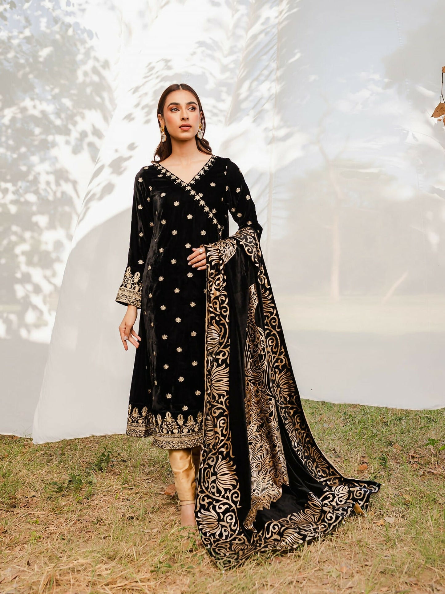 Panache Apparel Velvet Edit Micro Velvet 9000 Embroidered Stitched 3-Piece Suit-Raqs