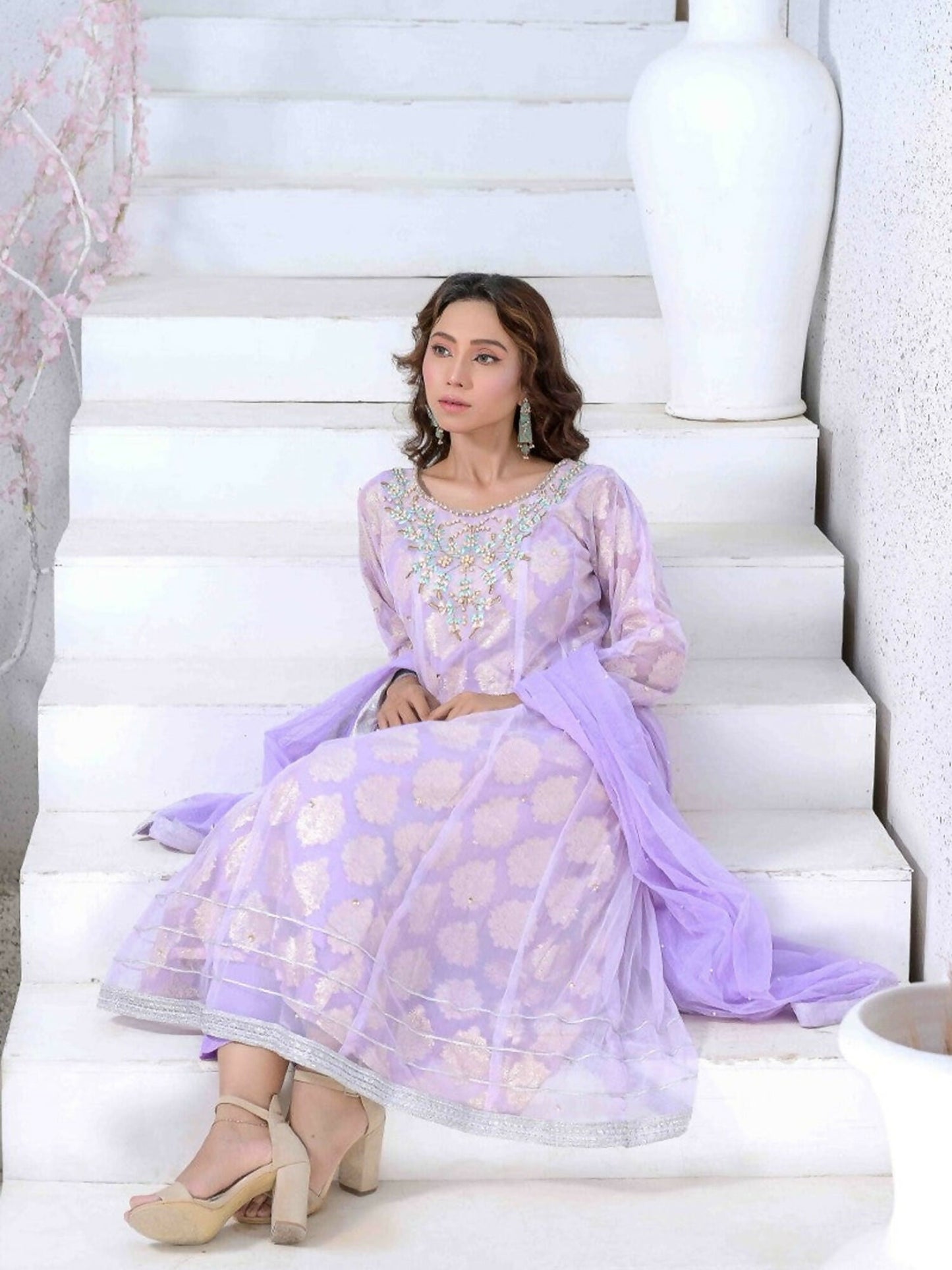 Ruby's Couture Ashiyana Net & Jacquard Embroidered Stitched 3-Piece Suit-Annika