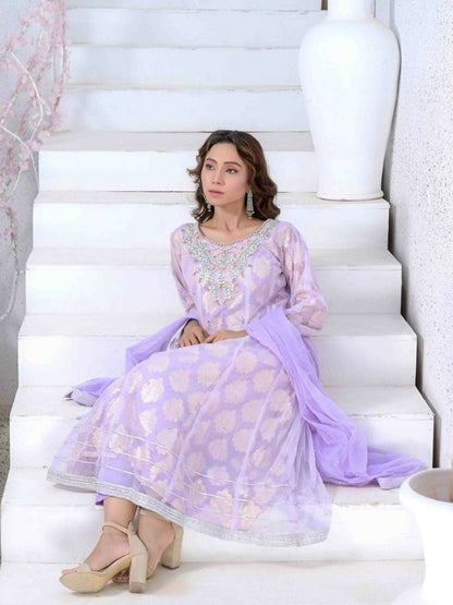 Ruby's Couture Ashiyana Net & Jacquard Embroidered Stitched 3-Piece Suit-Annika