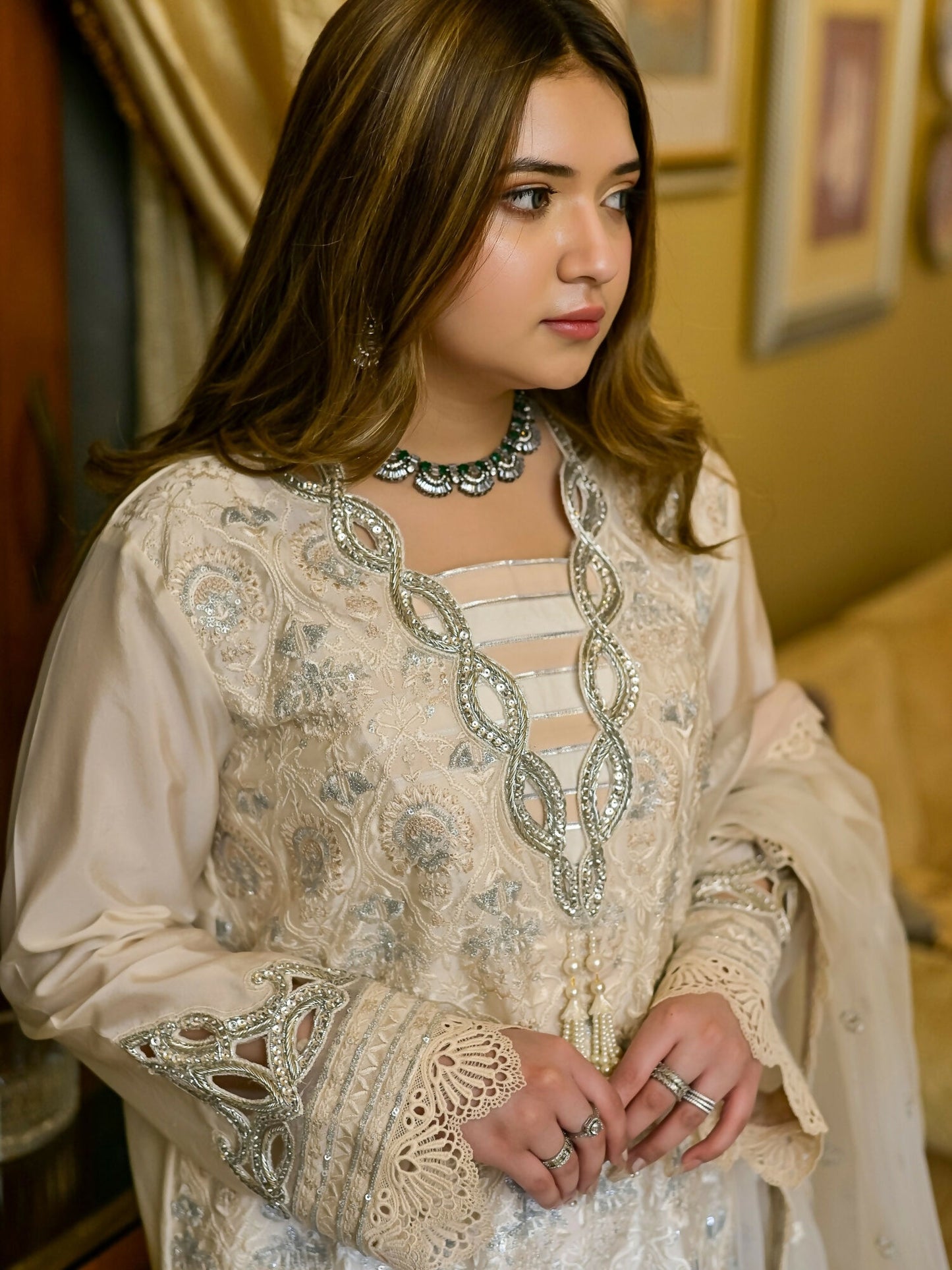 Farooq Hameed Studio Wedding Festive'25 Glass Silk Embroidered Stitched 3-Piece Suit-Noor