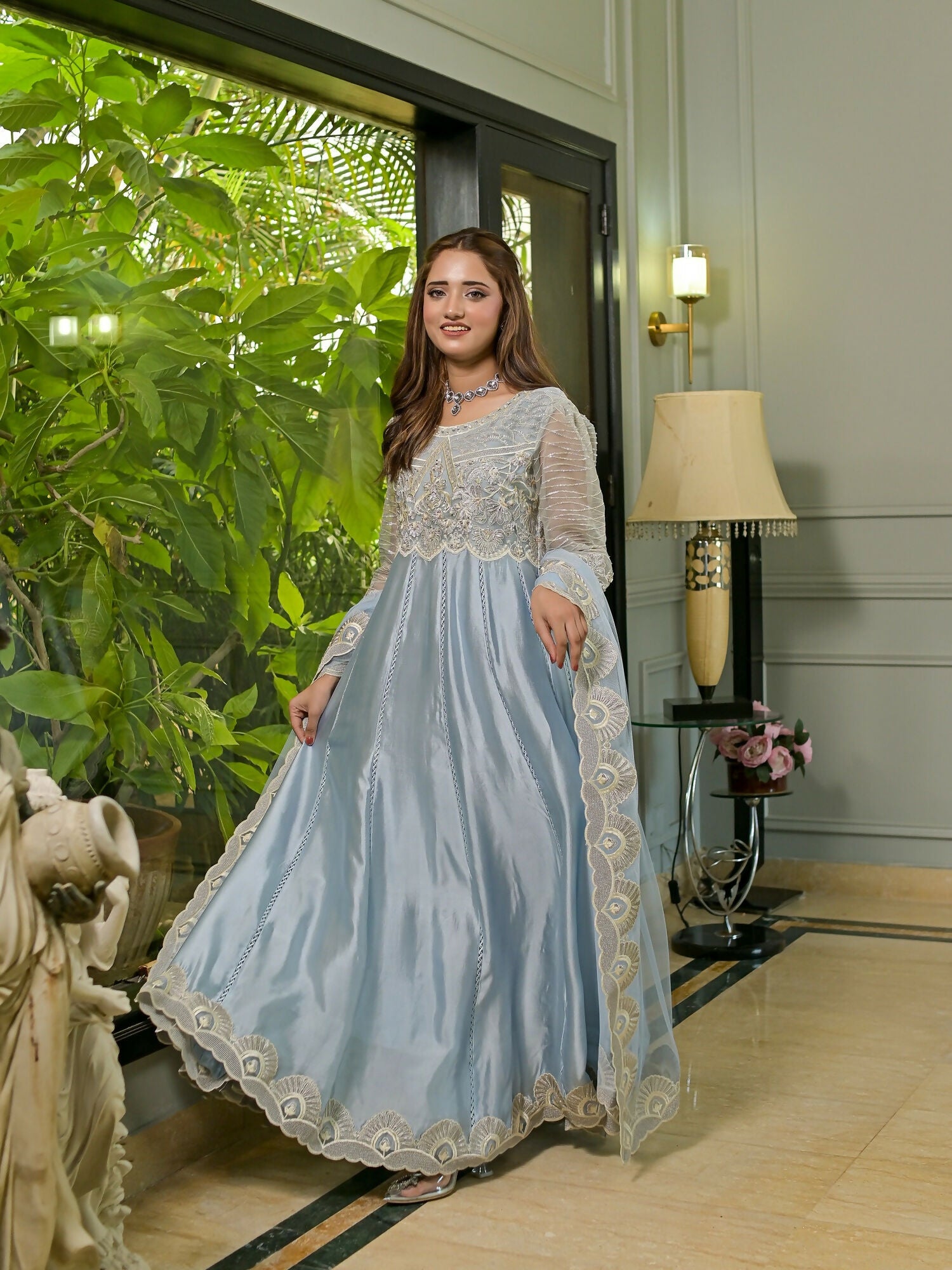 Farooq Hameed Studio Glass Silk Embroidered Stitched 3-Piece Suit-Izzah