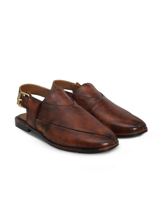 Brown cow leather Peshawari sandals with a durable rubber sole, designed for comfort, elegance, and versatile wear.