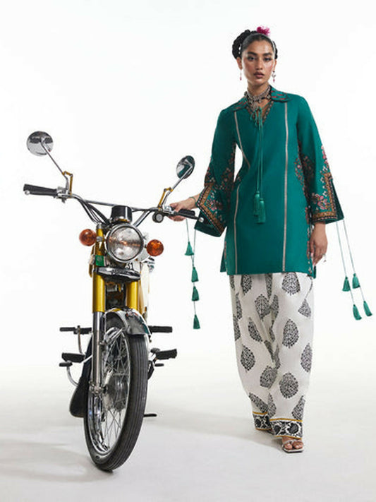 Teal and Ivory Jugnu Lahore Luxury Cotton Embroidered Stitched 2-Piece Suit-Thalia