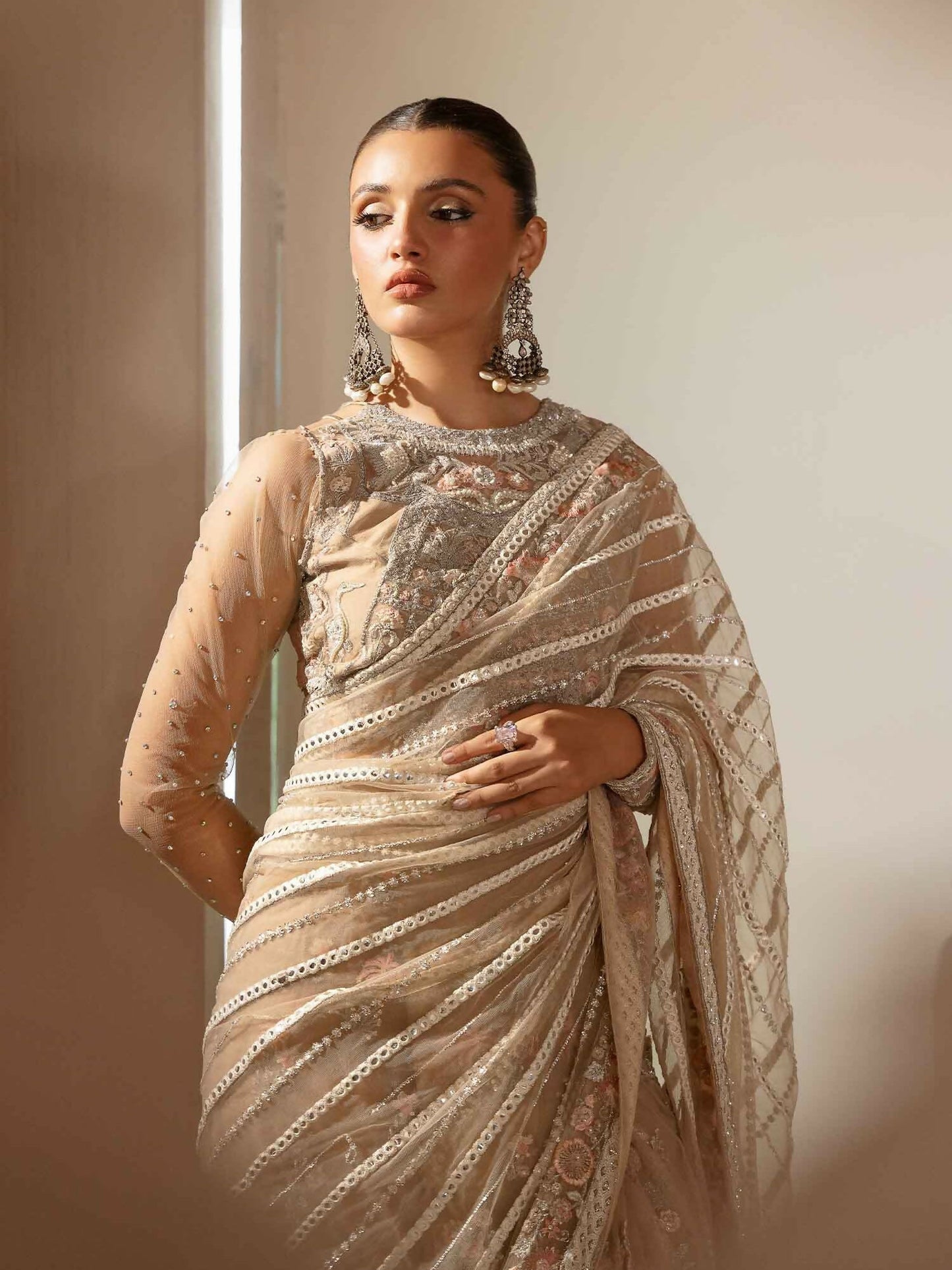 Shiza Hassan Shehnai Bareeze Net Embellished Stitched Saree-Vince