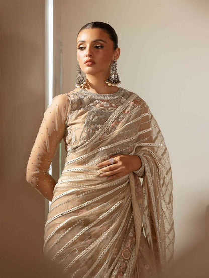 Shiza Hassan Shehnai Bareeze Net Embellished Stitched Saree-Vince