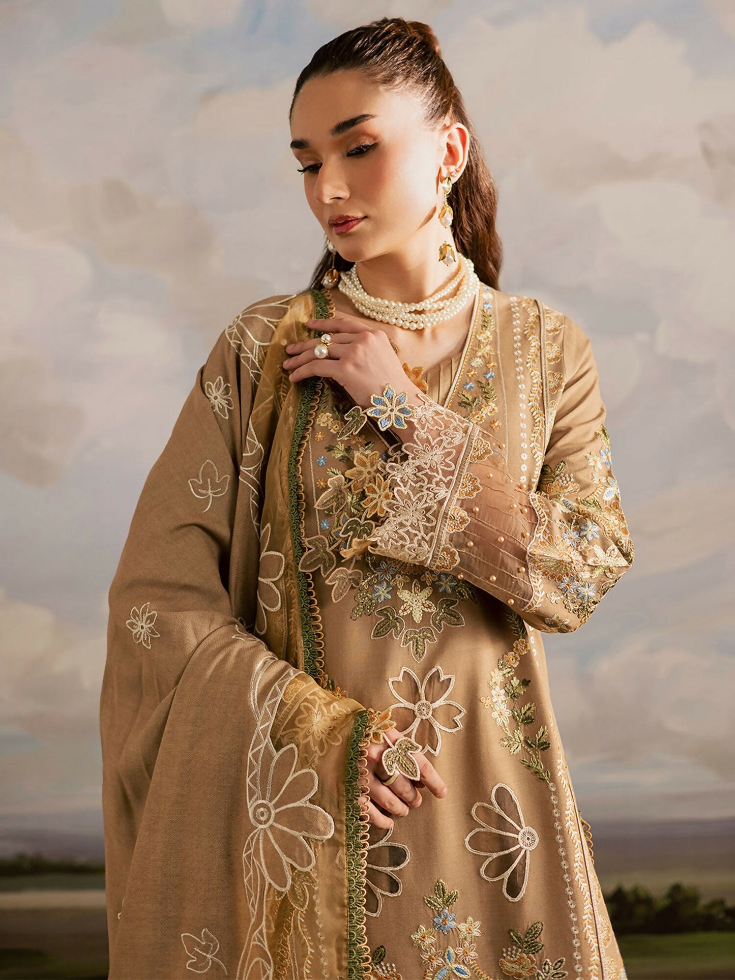 Mahnur Kaia Slub Linen Embroidered Stitched 3-Piece Suit-K- 04