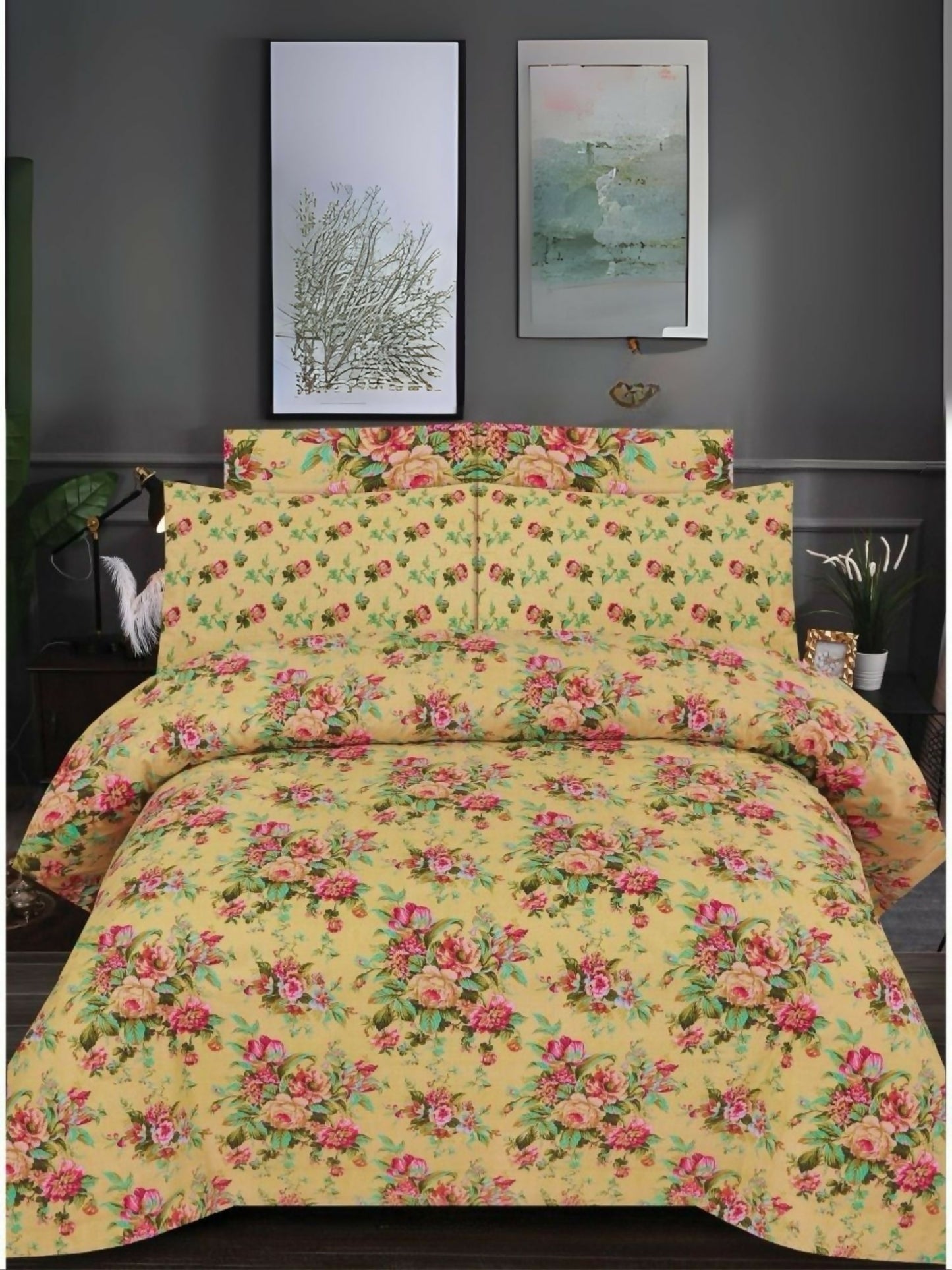 Yellow bedsheet with pink floral design – Danier 6pcs Comforter Set with soft poly cotton fabric and elegant floral pattern.