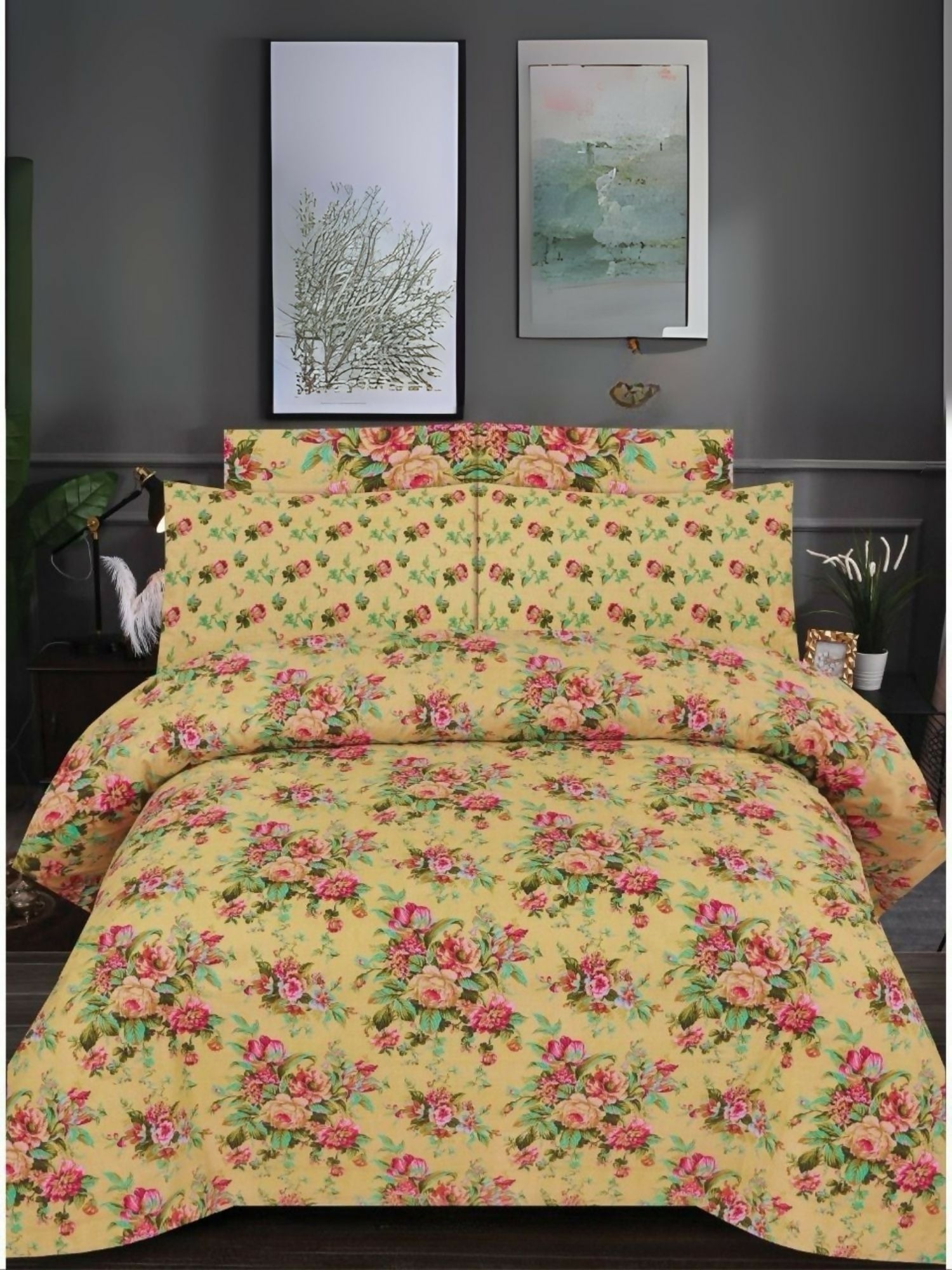 Yellow bedsheet with pink floral design – Danier 6pcs Comforter Set with soft poly cotton fabric and elegant floral pattern.