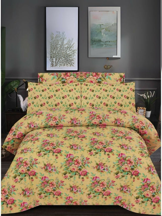 Yellow bedsheet with pink floral design – Danier 6pcs Comforter Set with soft poly cotton fabric and elegant floral pattern.