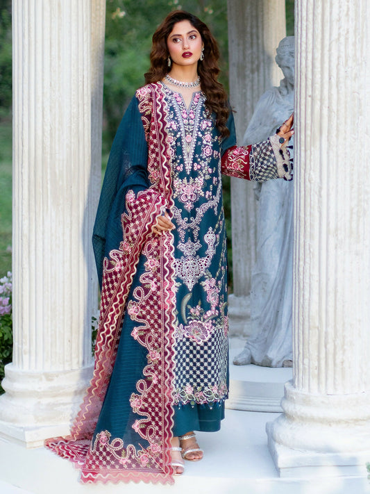 Unstitched embroidered 3-piece suit from Mahnur Sophie Luxury Lawn Collection with embroidered lawn shirt, embroidered dupatta, and dyed trouser.