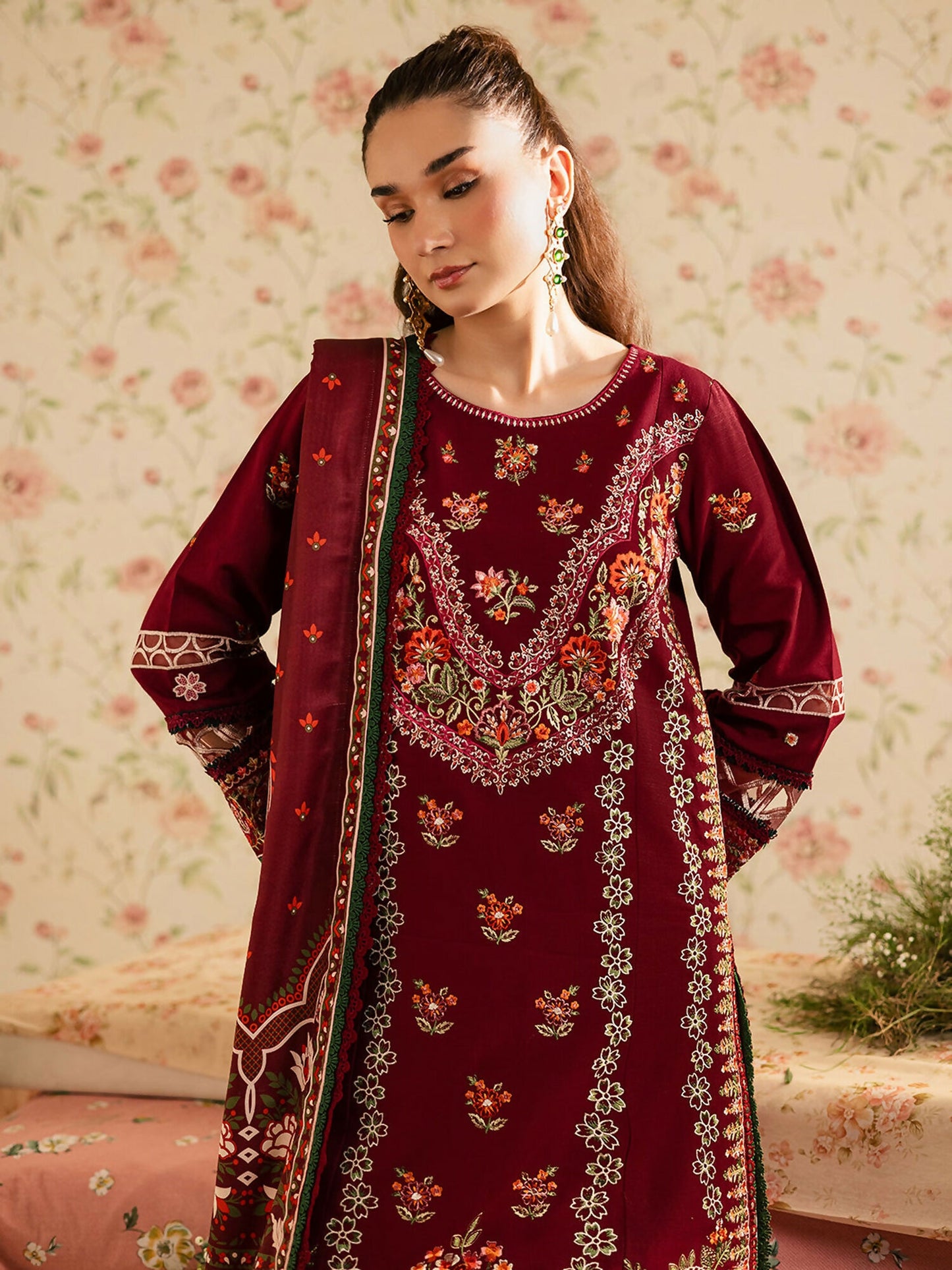 Mahnur Kaia Slub Linen Embroidered Stitched 3-Piece Suit-K- 12