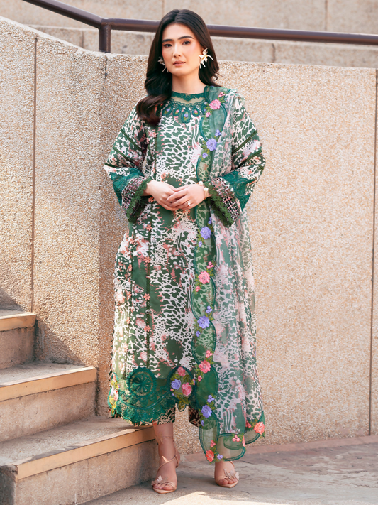 Unstitched 3-piece printed suit with embroidered neckline and borders, monark embroidered dupatta, and printed trouser.