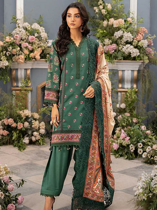 Mausummery unstitched 3-piece suit featuring digital printed Linen Doria shirt and dupatta with dyed linen trouser, ideal for winter season.