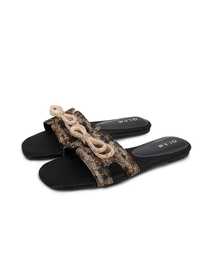 Black and Golden Royale Leather Women’s Slides-782