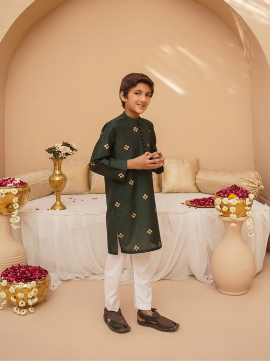 Kidoz Kloset Cotton Silk Printed Kurta Pajama-Emerald Aura-Boy