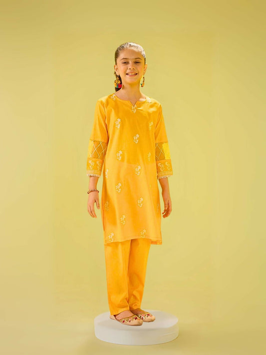 Deep Yelllow Velvour Girls Embroidred Co-ord Set-VG145-C