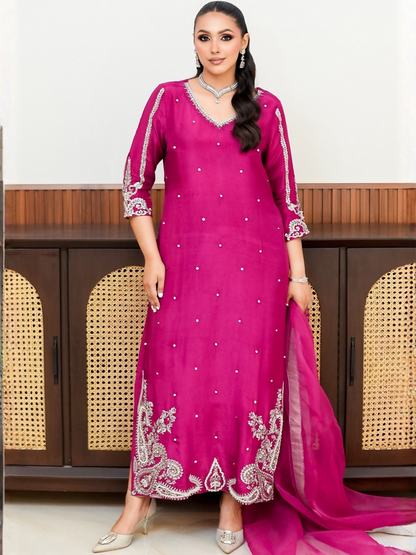 Allure By IH Fashion Calling Raw Silk Embellished Stitched 3-Piece Suit-Paisley