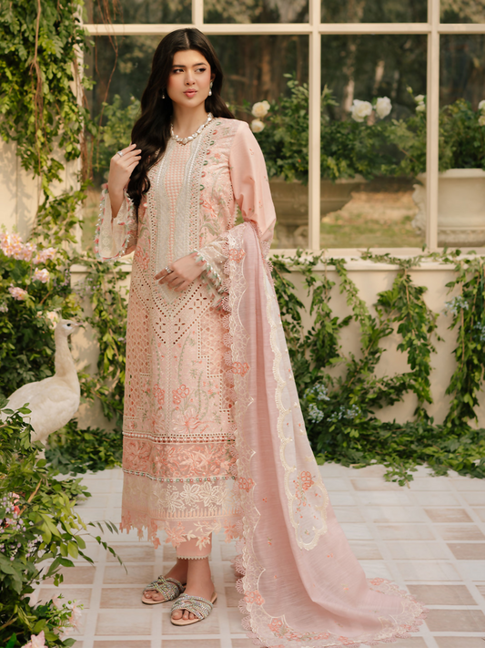 Binilyas Freesia collection unstitched 3-piece suit in peach, featuring dyed lawn embroidered panels, organza motifs and lace details, embroidered cotton mix dupatta, and dyed cotton trouser.