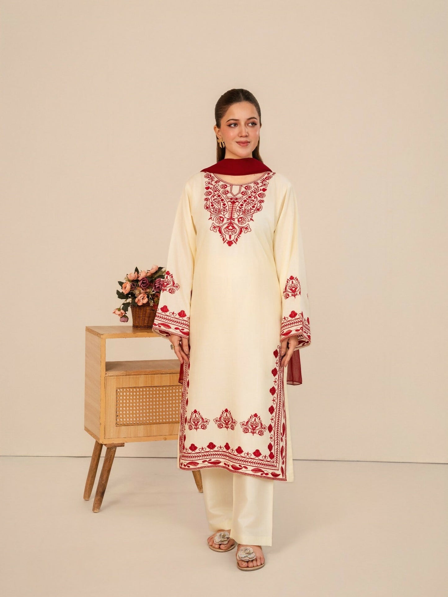 Stylish Collection Whisper Pret Linen Embroidered Stitched 3-Piece Suit-Laal Bahar