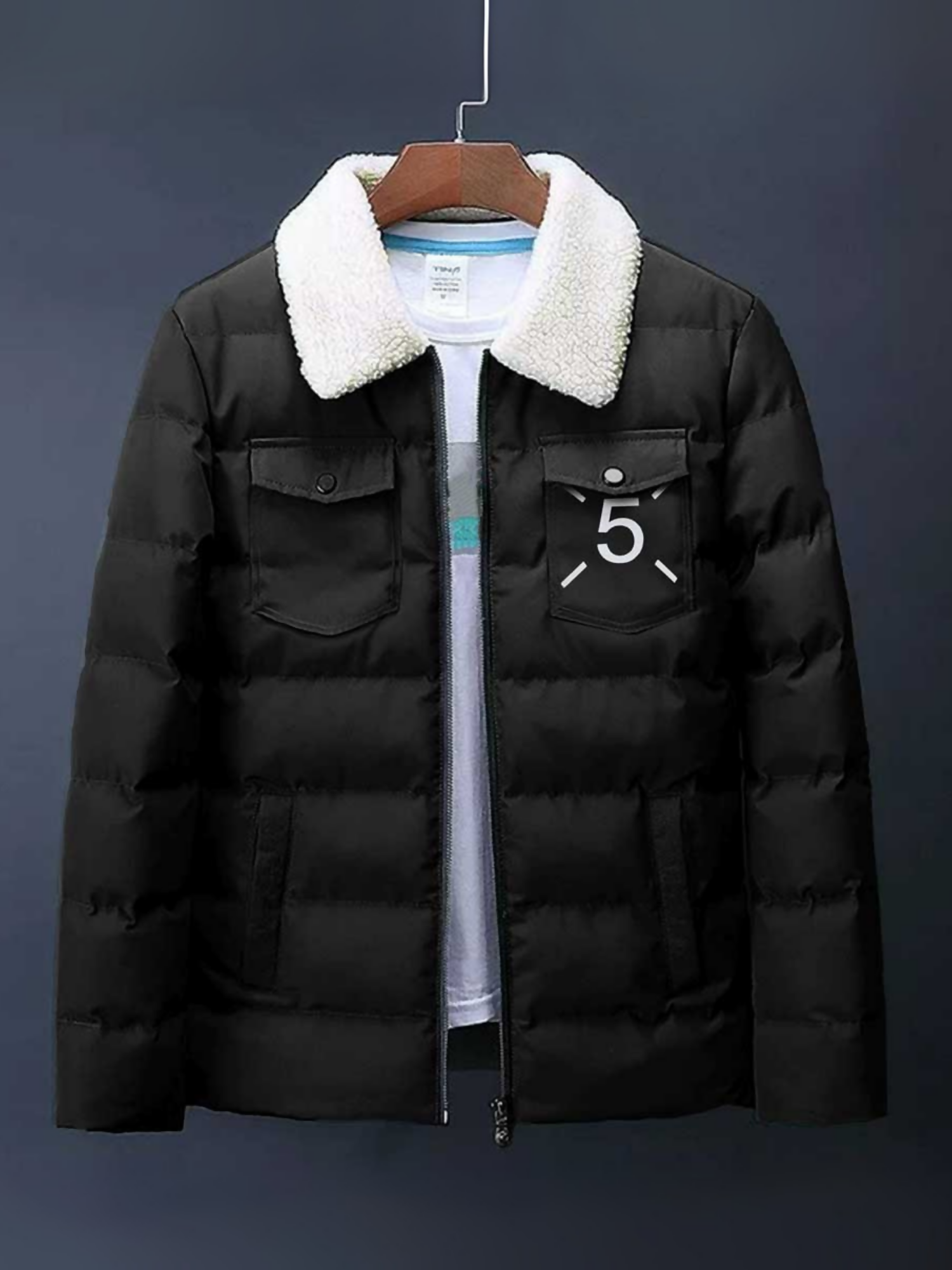 Black,Cyan and White Funky Fur Collar Northern Front Padded Thick Jackets-14263