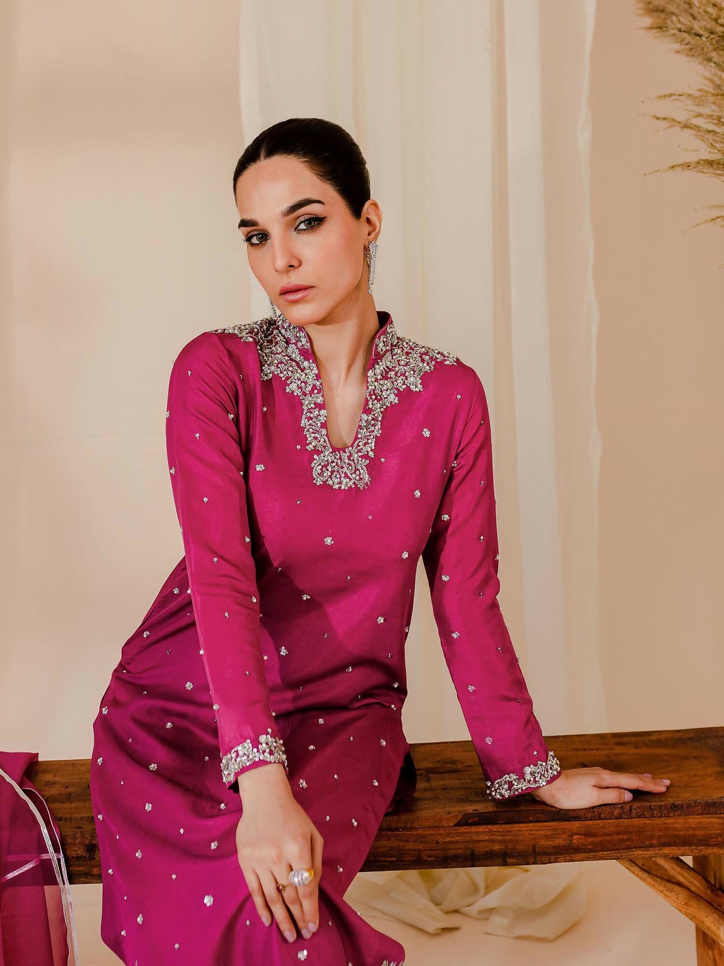 Allure By IH Raw Silk Embellished Stitched 3-Piece Suit-Rosette