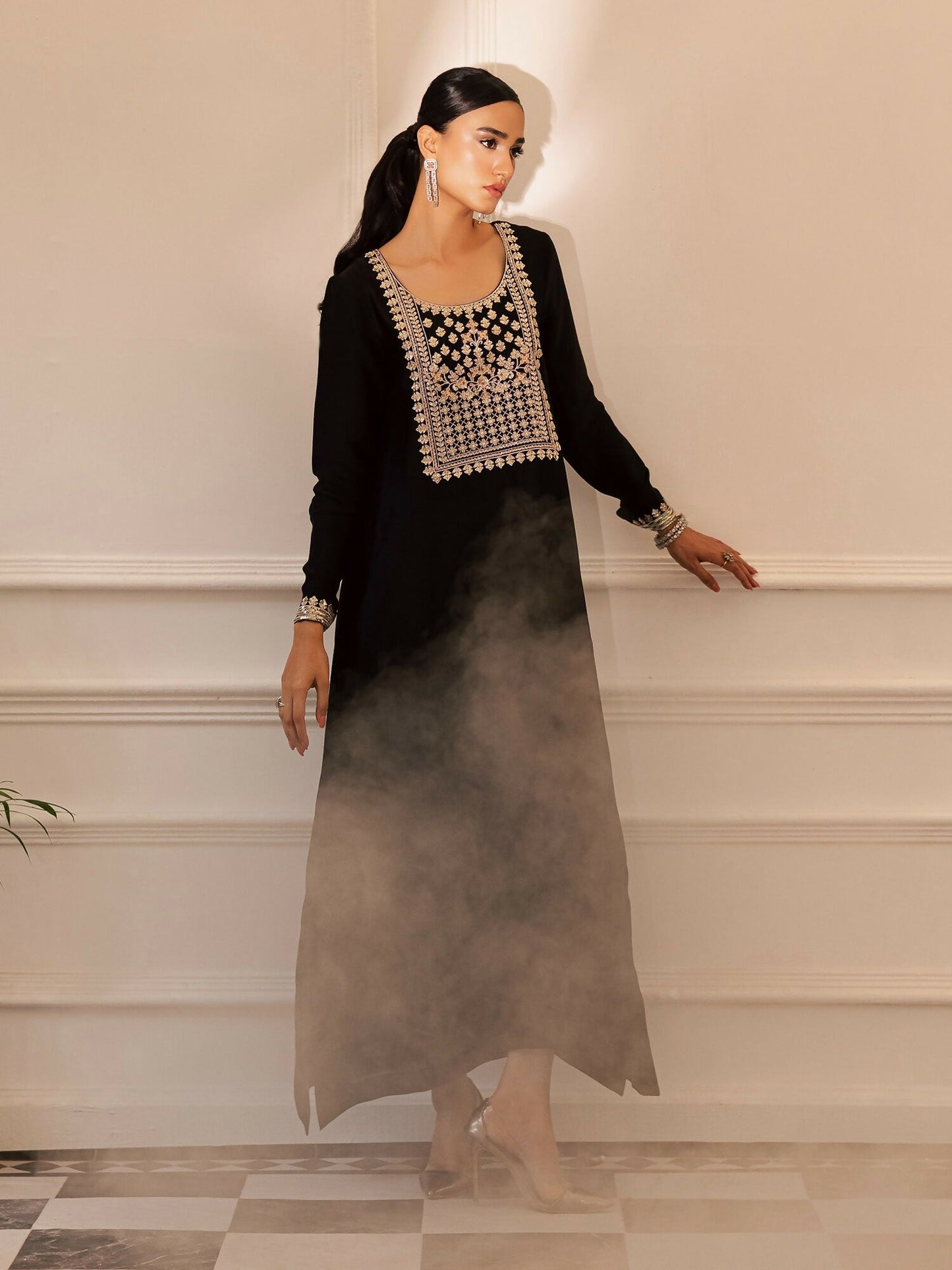 Allure By IH Be-My-Guest Thai Silk Embroidered kaftan Set-Espresso