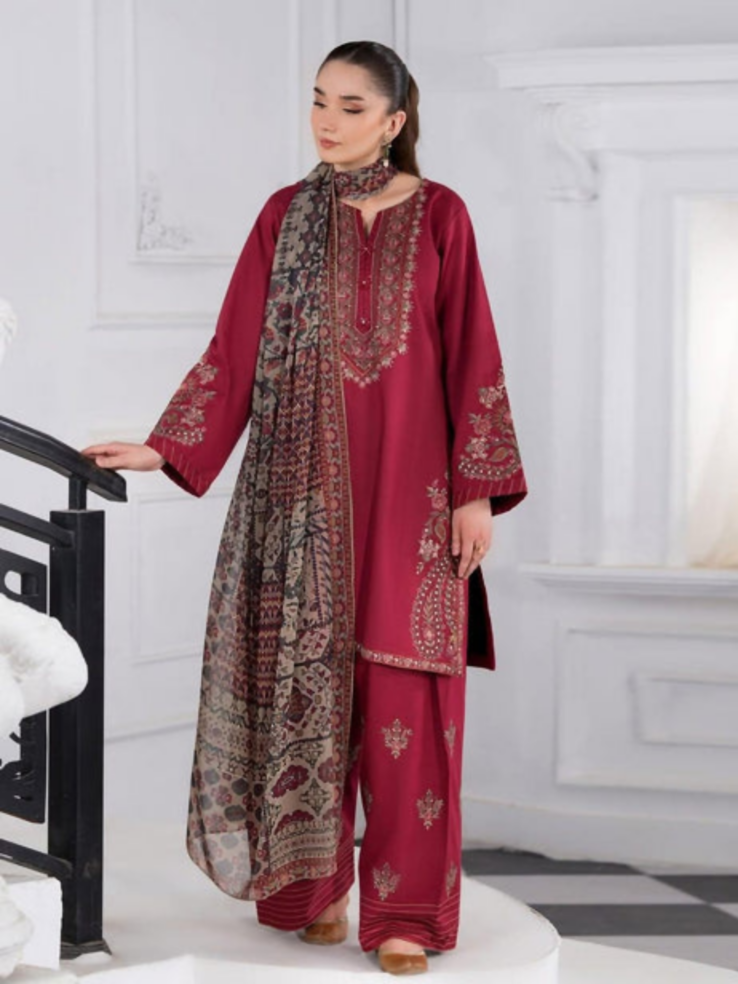 Tawakal Closet Linen Embroidered Stitched 3-Piece Suit-Abira