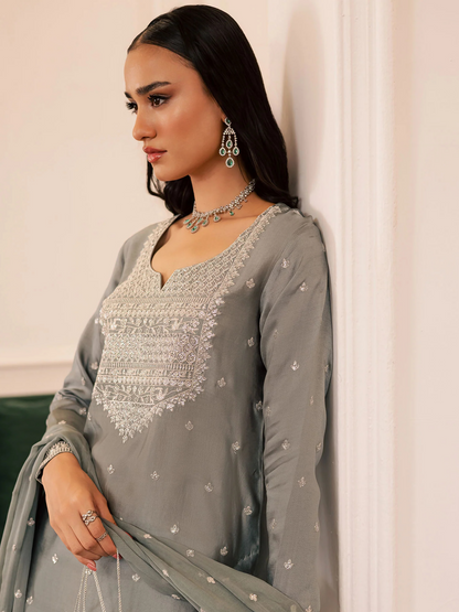 Allure By IH Be-My-Guest Thai silk Embroidered Stitched 3-Piece Suit-Wild Cold