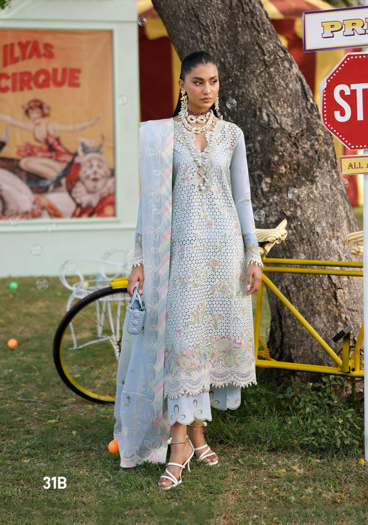 Unstitched embroidered lawn suit with detailed embroidery on front panels and sleeves, paired with embroidered net dupatta and dyed cotton trouser featuring organza lace accents.