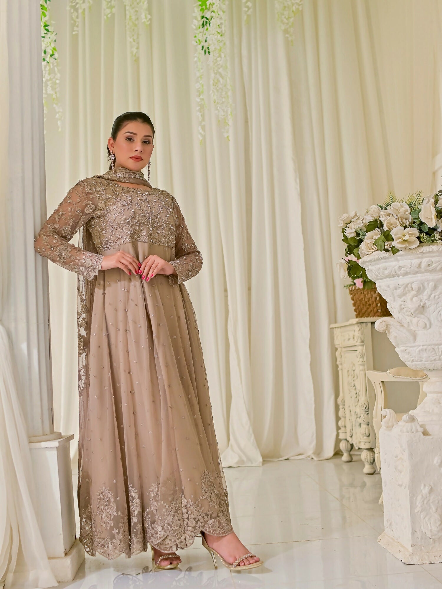 Farooq Hameed Studio Net Embroidered Stitched 3-Piece Suit-Oud-Majestic