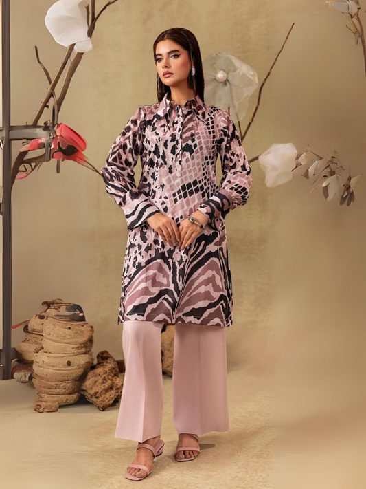 Unstitched 2-piece suit with abstract printed shirt and plain dyed trouser, perfect for casual wear.