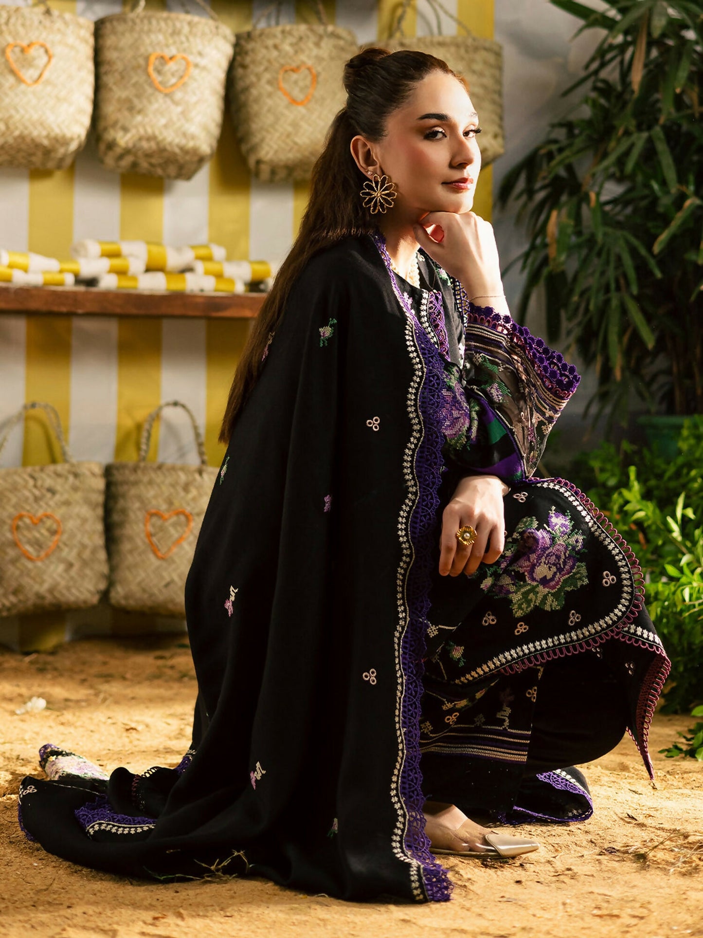Mahnur Kaia Slub Linen Embroidered Stitched 3-Piece Suit-K- 02