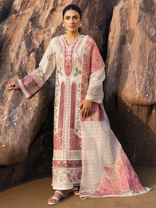 Unstitched 3-piece embroidered suit with detailed front, dyed back and trouser, and embroidered Monark dupatta.
