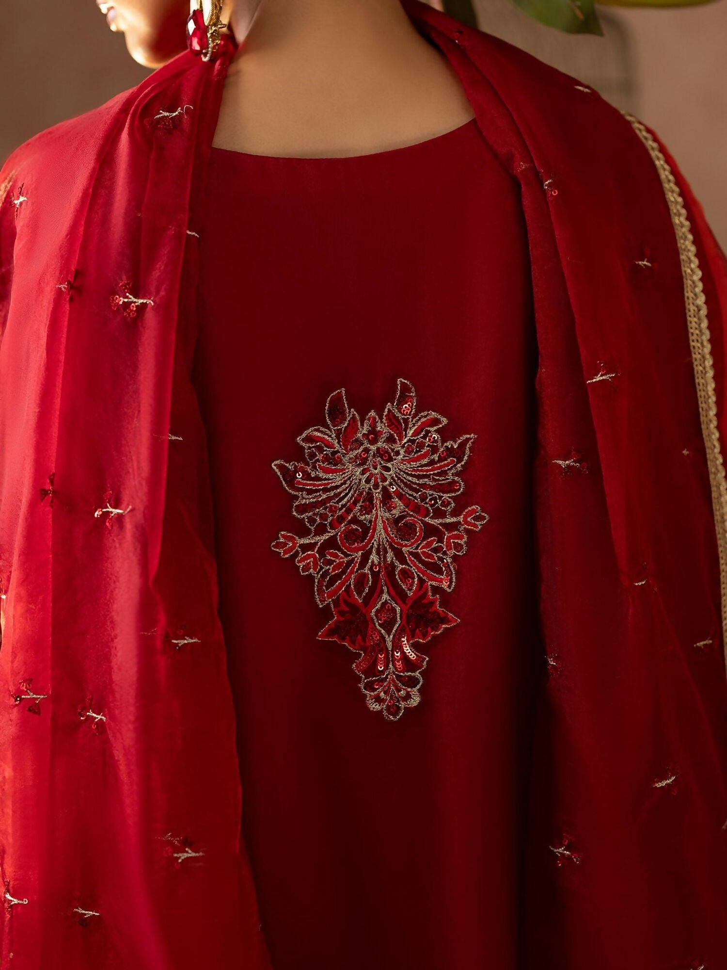 Shurooq Geet Organza Embroidered Stitched 3-Piece Suit-Mahia