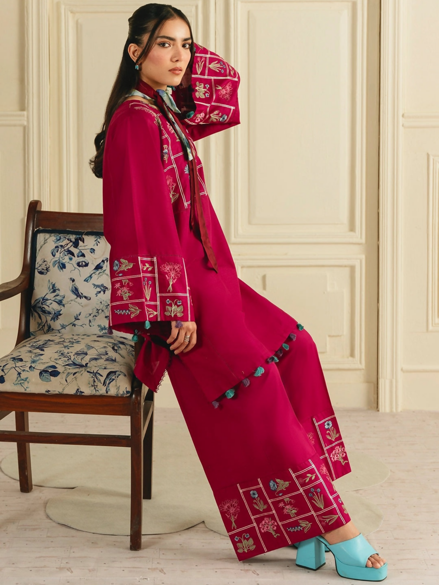 Mannat Clothing Boho Summer'26 Cotton Embroidered Stitched Suit-Crimson Muse