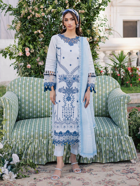 Unstitched 3-piece lawn suit with printed embroidered shirt front, printed monark dupatta, and printed cambric trouser.