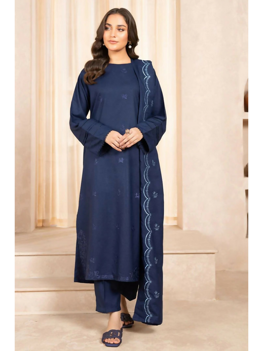 Zeephire Dhanak Embroidered Stitched 3-Piece Suit-Navy Azurita