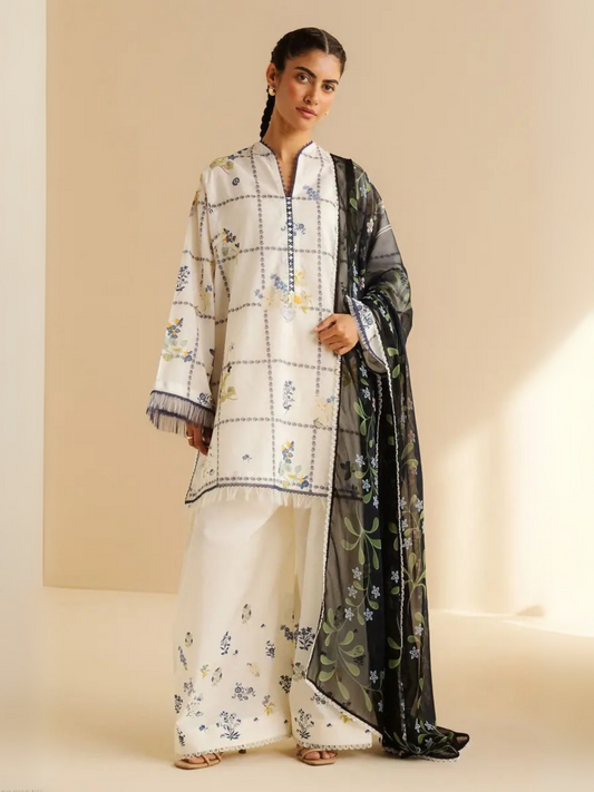Unstitched 3-piece printed suit with white lawn shirt, white cambric trouser, and bold black chiffon dupatta.