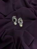 Glitter Jewellery Black Crystal & Pearl Drop Earrings in Silver Finish