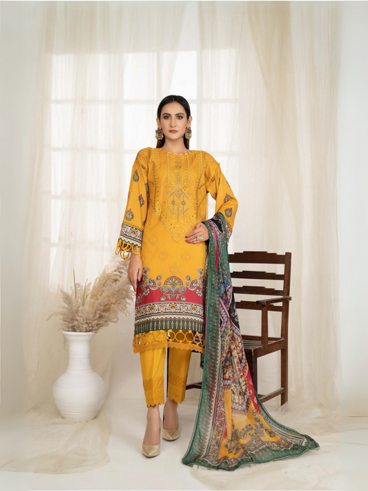 Yellow Sitara Lawn Embroidered Unstitched 3-Piece Suit-125