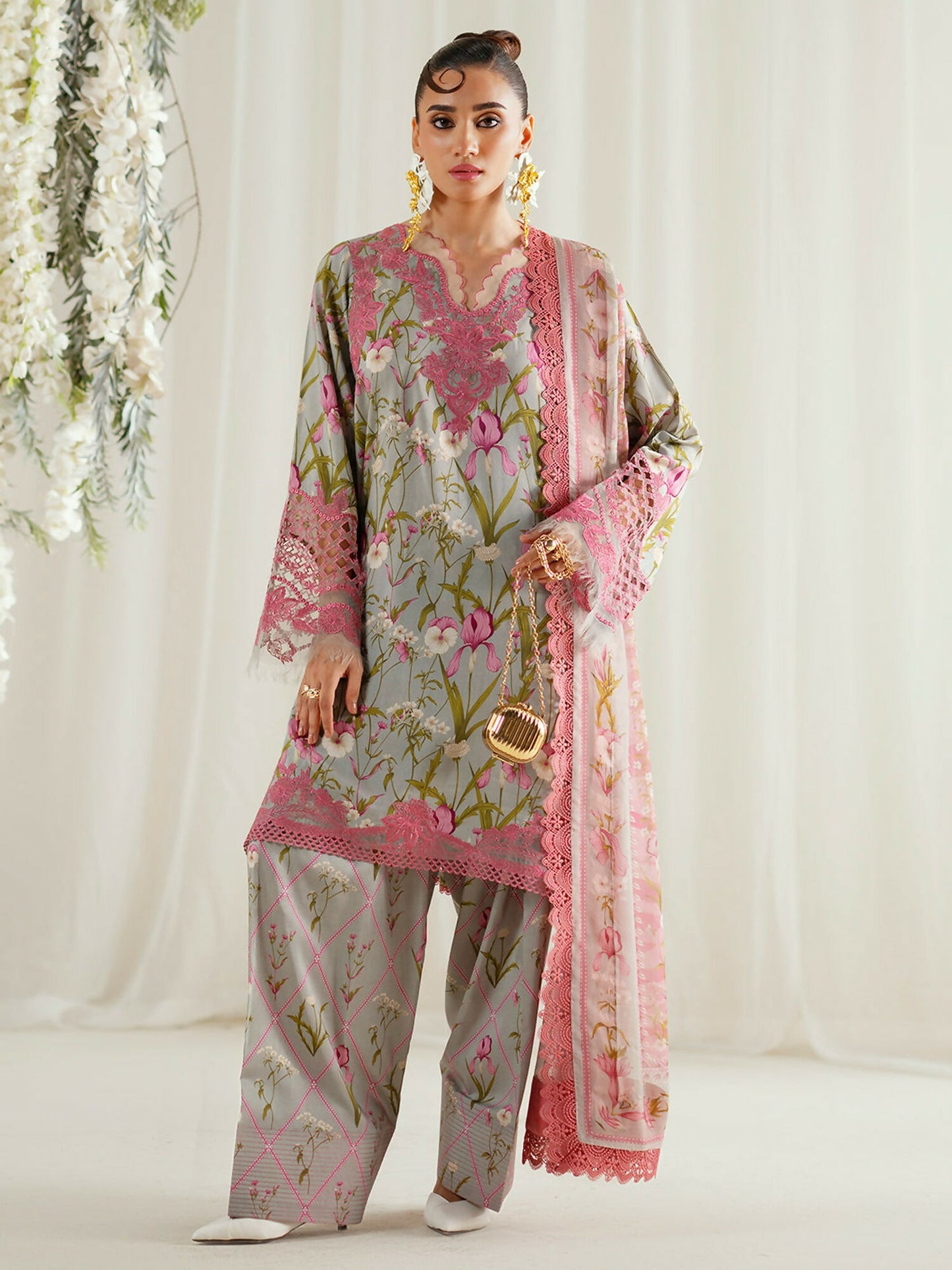Binilyas Eres Bonita Viscose '25 embroidered unstitched suit with printed shirt, organza motifs, chiffon dupatta, and printed trouser.